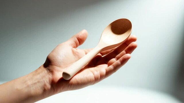 Hand holding a wooden spoon against a simple backdrop, symbolizing the idea of passing or discarding.