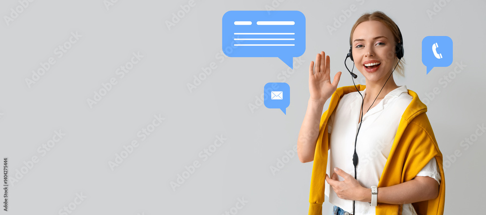 Poster female technical support agent and speech bubbles on grey background with space for text