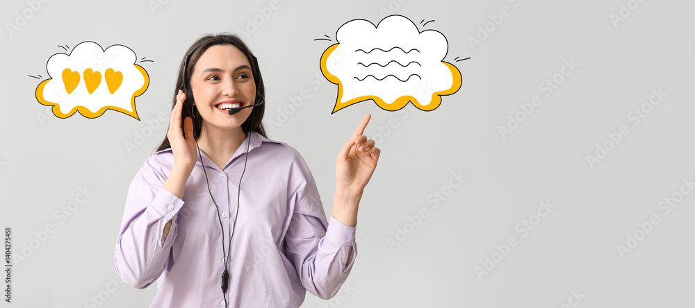 Poster female technical support agent and speech bubbles on grey background with space for text