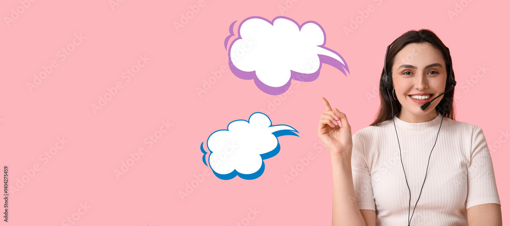 Poster female technical support agent and blank speech bubbles on pink background with space for text