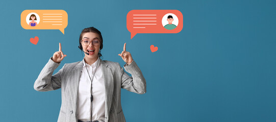 Female technical support agent and speech bubbles on blue background with space for text