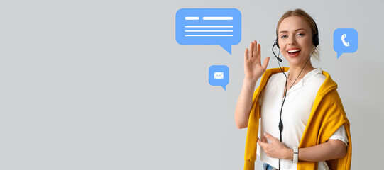 Female technical support agent and speech bubbles on grey background with space for text