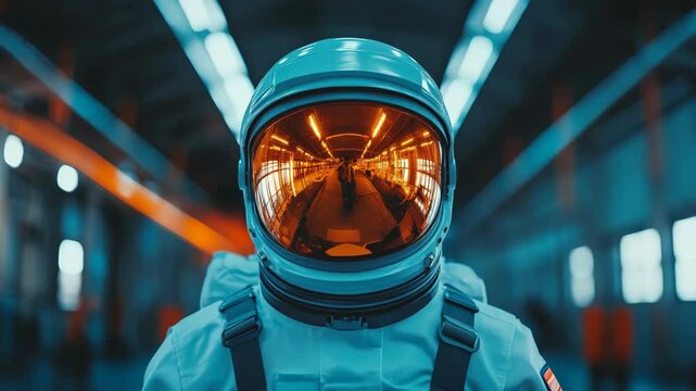 Isolated astronaut with helmet visor reflecting futuristic interior corridor