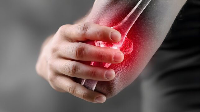 A person experiencing intense pain in their elbow joint with highlighted bone structure and red inflammation area indicating injury.