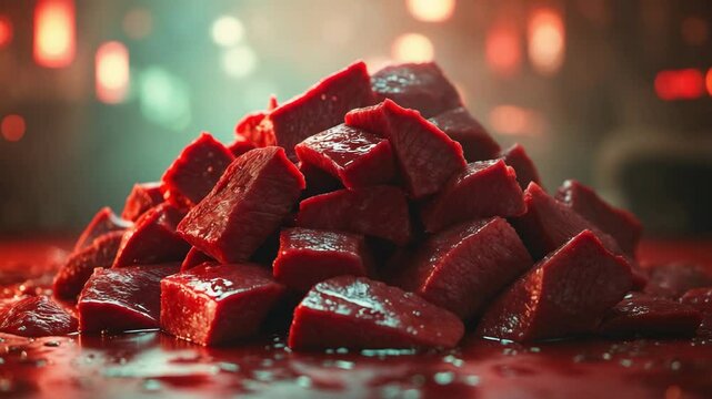 A stack of uncooked beef chopped into chunks