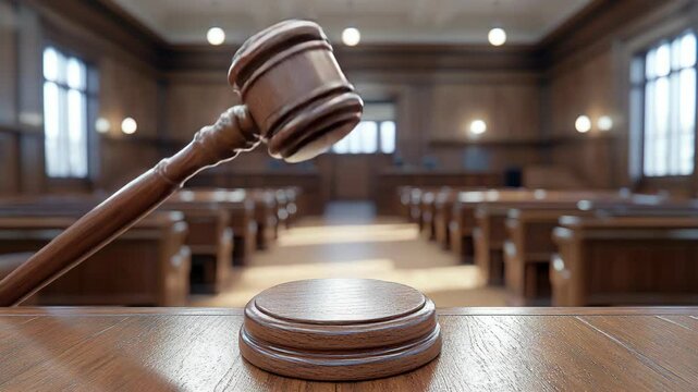 Wooden Gavel Above Sounding Block in Empty Courthouse or Law Court Interior