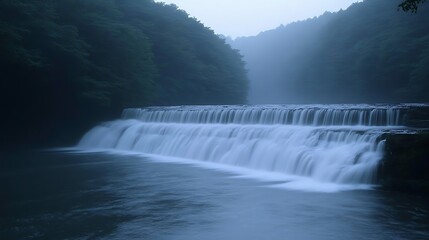 Fototapeta premium Misty Waterfall Cascades Over Steps