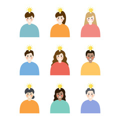 Happy man, woman, children head with glowing light bulb collection. Creativity, idea, imagination, innovation, solution, brainstorm concept. Flat vector people character design isolated illustration. 