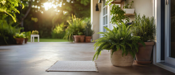 Fototapeta premium Sunlight filters onto a serene patio with potted plants in a tranquil garden setting