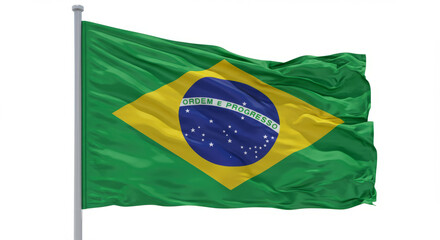 Vibrant Brazilian Flag Waving Proudly on a Pole Against White Background Revealing Patriotism and National Pride, Symbolizing Brazil's Rich Heritage and Cultural Identity