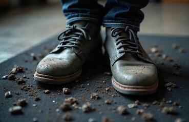 Grey boots stand on black carpet scattered with mud and dirt. Close-up of urban footwear. Denim pants. Casual style. Messy, unclean floor. Walking outdoors.