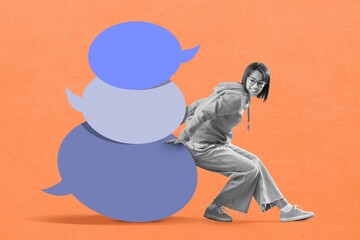 Young girl with blank speech bubbles on orange background. Dialogue concept