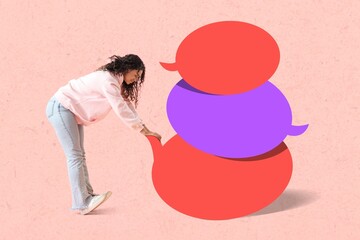 Young African-American girl with blank speech bubbles on pink background. Dialogue concept