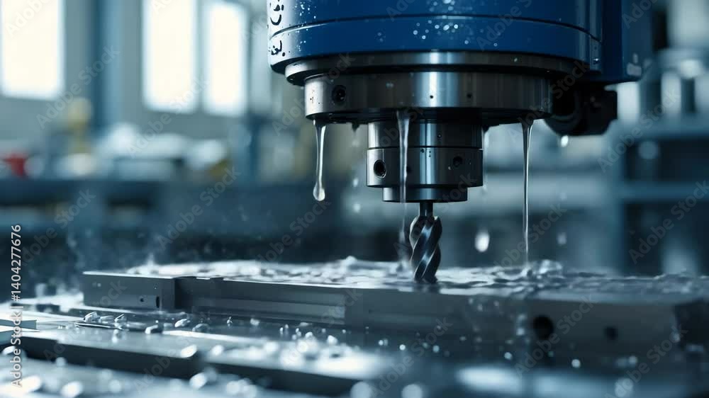 Poster close-up view of a cnc lathe machining metal with water splashing