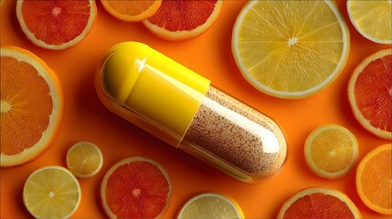 A large yellow capsule filled with brown powder rests on a vibrant orange background surrounded by juicy citrus fruit slices.
