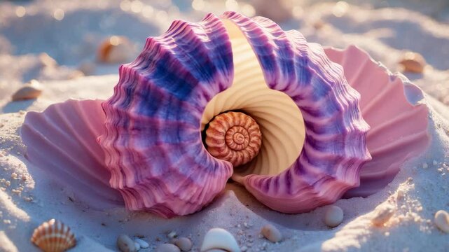 Videographed from above, a pink and purple shell rests on the beach sand.