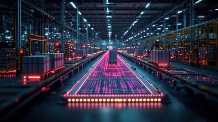 Obraz premium Futuristic Warehouse with Automated Systems and Neon Light Pathways