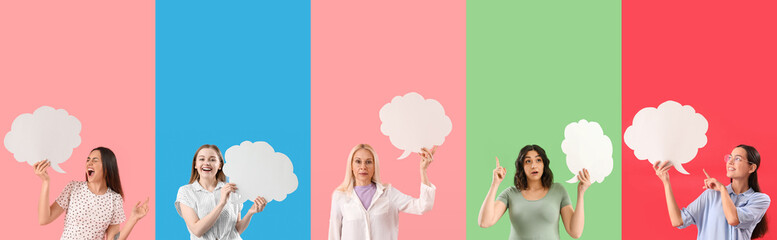 Set of women with blank speech bubbles on color background