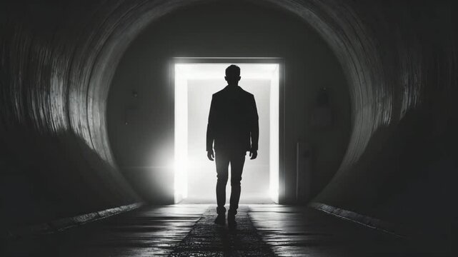 A man's silhouette coming out of a dark tunnel into a bright light.