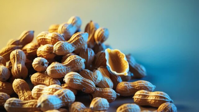 A stack of tasty peanuts in their shells with a few partially opened nuts set against a background
