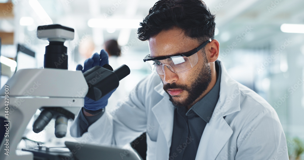 Aufkleber man, scientist and tablet with microscope in lab for research, investigation and medical discovery. 