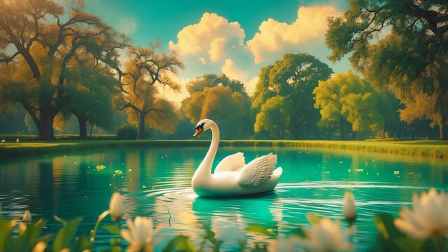 A park pond featuring a swan-shaped boat