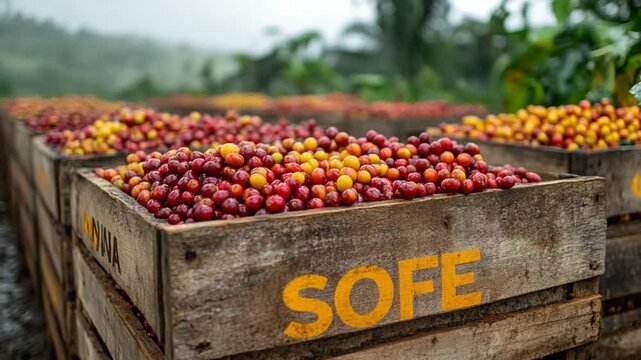 Vibrant coffee cherries harvested and stored in wooden crates amidst lush green farmland