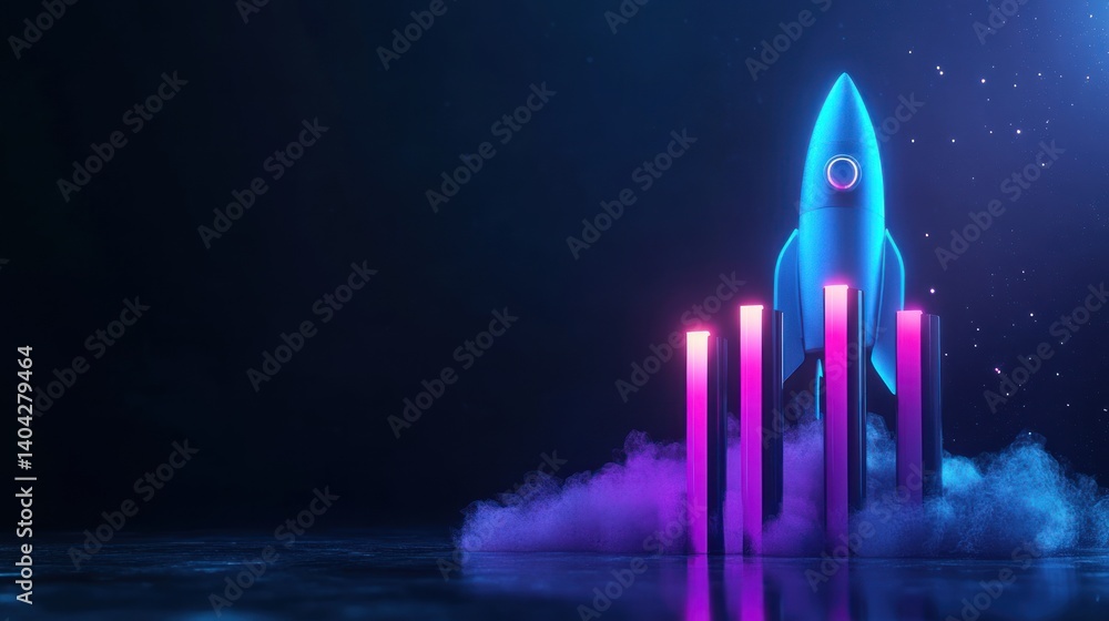 Poster futuristic representation of a startup launching into success with a glowing rocket taking off and r