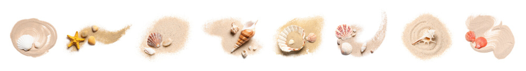 Set of beach sand and sea shells on white background, top view