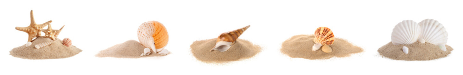 Set of beach sand and sea shells on white background