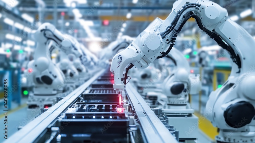 Poster automated factory production line showcasing robotic arms welding and assembling electronic componen