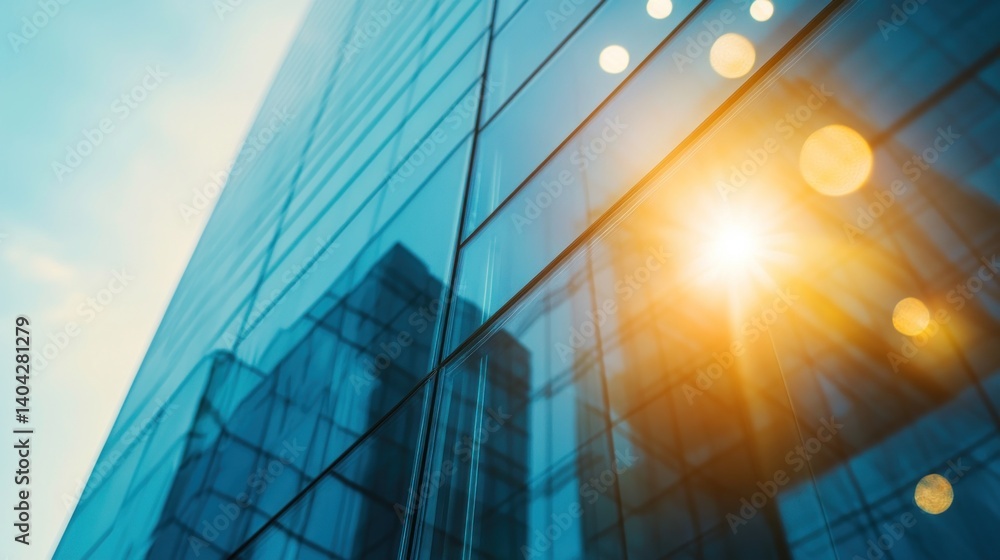 Poster a captivating image showcasing the architectural brilliance of a modern glass building reflecting th