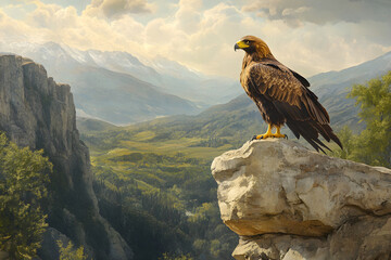 Majestic Golden Eagle Overlooking the Wild Mountainous Terrain with Eyes of the Hunter in Serene Natural Habitat