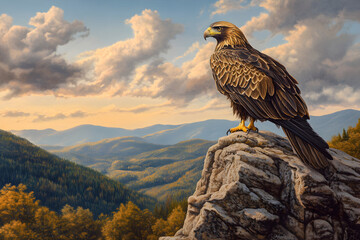 Majestic Golden Eagle Overlooking the Wild Mountainous Terrain with Eyes of the Hunter in Serene Natural Habitat