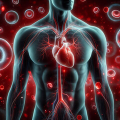 Human heart circulation cardiovascular system with anatomy from a healthy body on a background with blood cells as a medical health care symbol of an inner organ as a medical health care concept.