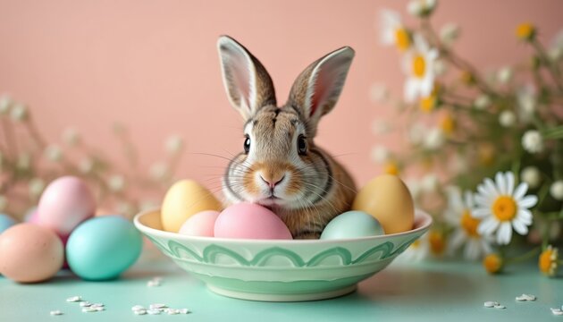 Cute bunny in plate with colorful eggs for Easter. Traditional holiday decoration, seasonal celebration. Festive springtime brunch concept. Easter eggs, bunny, flowers, gift, fun invitation,