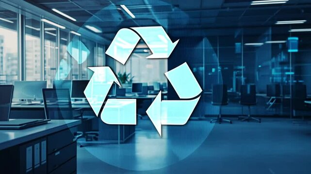 Modern Office with Recycle Symbol Hologram Projecting the Importance of Sustainability
