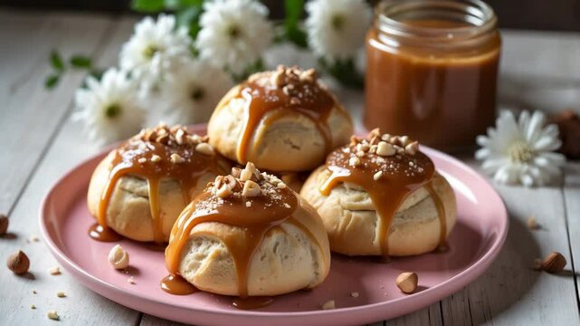 Cruffins made from yeast dough, adorned with hazelnuts and salted caramel, displayed on a pink plate set against a light wooden background.