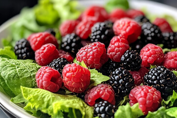 A vibrant mix of fresh raspberries and blackberries nestled in crisp green lettuce, a delightful summer salad bursting with juicy sweetness and a touch of natural light.
