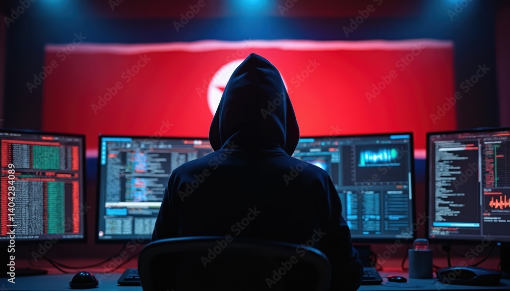 Aufkleber Hooded hacker at computers in front of North Korea flag. Person typing on keyboard monitors with hacking software. Cyberattack concept from North Korea. Cyber crime, internet safety, global digital