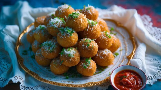 A dish of crunchy arancini garnished with shredded cheese and herbs, accompanied by marinara sauce on a tablecloth