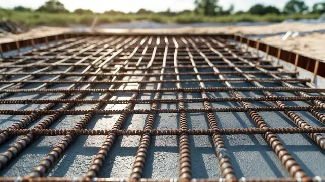 The construction of a foundation using steel-reinforced plates is in progress, with organized rebar laid on the subgrade, set for concrete pouring in a natural area