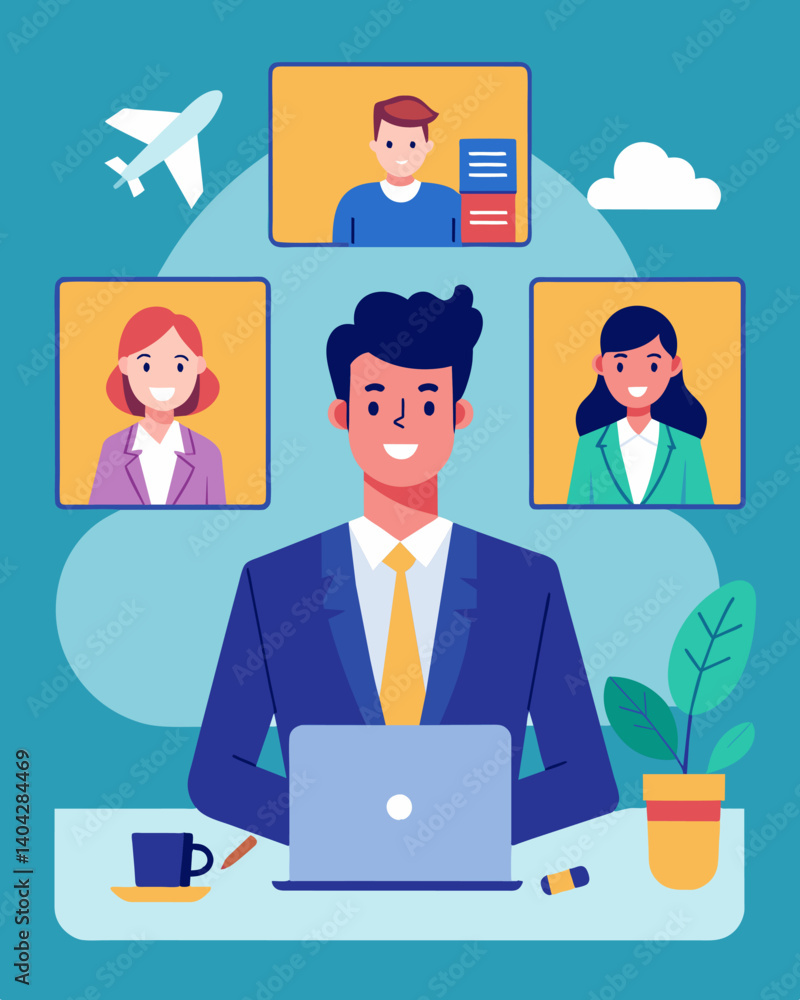 Poster a business owner conducting virtual meetings with clients instead of inperson meetings saving on tra