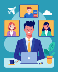 A business owner conducting virtual meetings with clients instead of inperson meetings saving on travel expenses.. Vector illustration