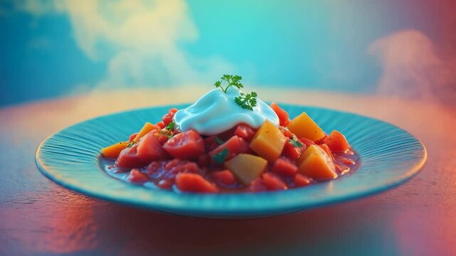 A dish of borsch topped with sour cream is a culinary delight.