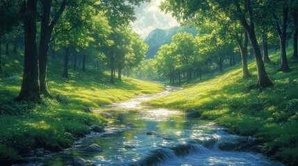 Serene forest stream, lush greenery, sunlit valley