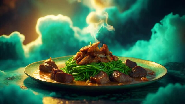 A dish of ewedu and gbegiri accompanied by fish and beef.