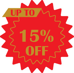 Sale sticker with 15 percent discount offer vector design. Circular shape with point red and yellow flat style. Fall shopping concept. Percentage sign illustration isolated on transparent background.