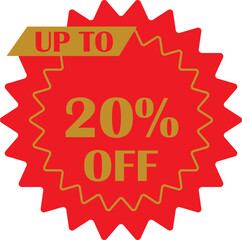 Sale sticker with 20 percent discount offer vector design. Circular shape with point red and yellow flat style. Fall shopping concept. Percentage sign illustration isolated on transparent background.