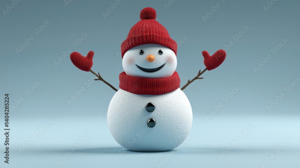 Poster a charming 3d rendering of a cheerful snowman adorned with vibrant red knitted accessories casting a